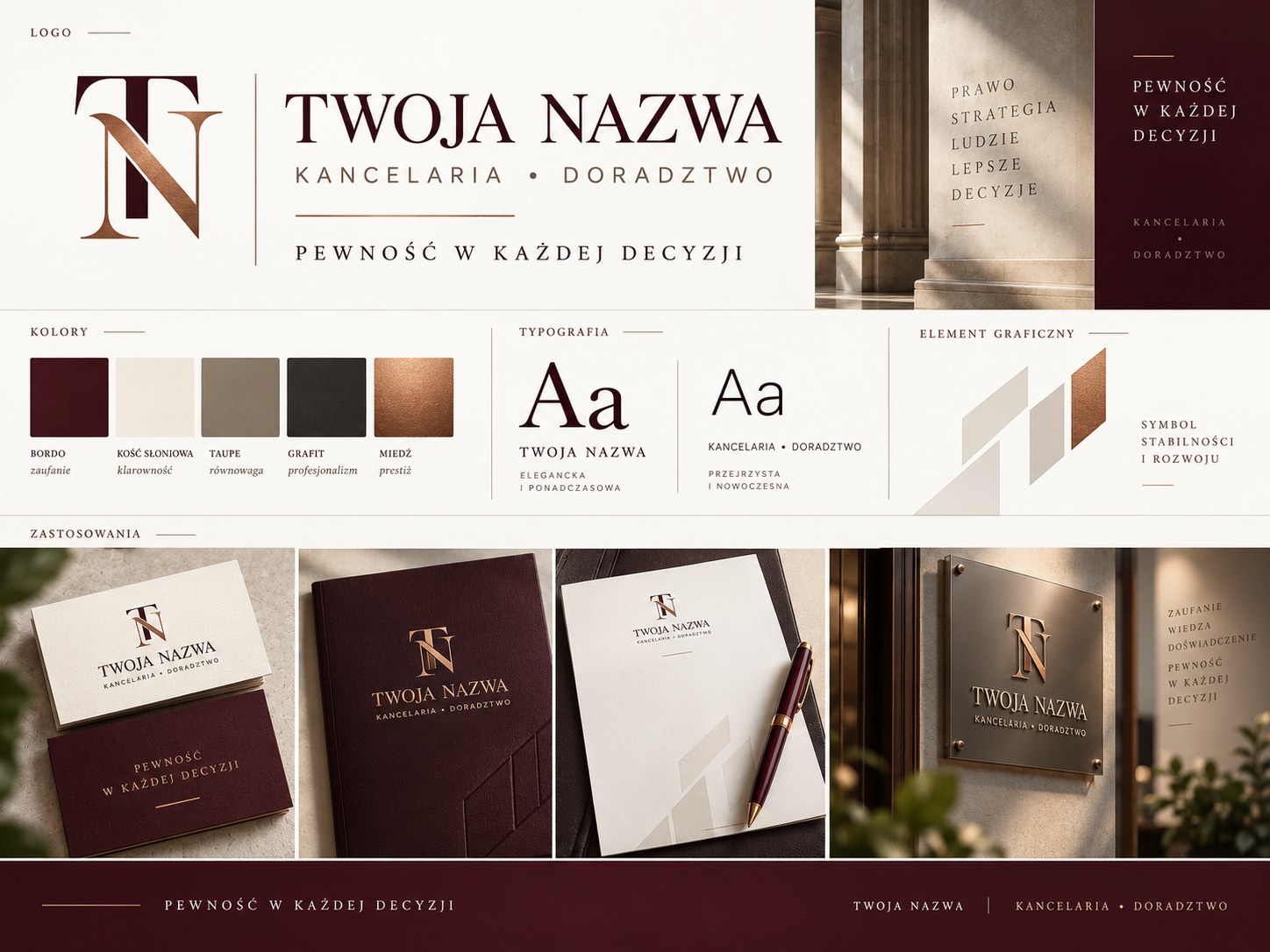 Koncepcja identyfikacji kancelarii: monogram, bordo i miedź, typografia, wizytówki, teczka oraz tablica.
