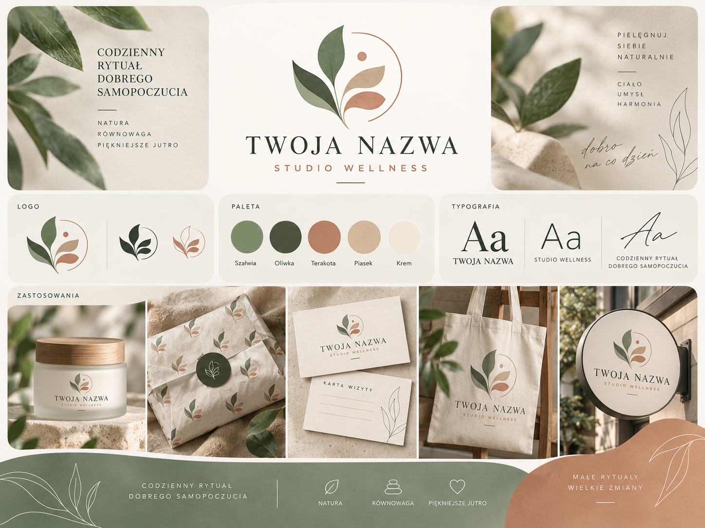 Koncepcja identyfikacji wellness: roślinne logo, szałwia i terrakota, opakowanie, wizytówki, torba oraz szyld.