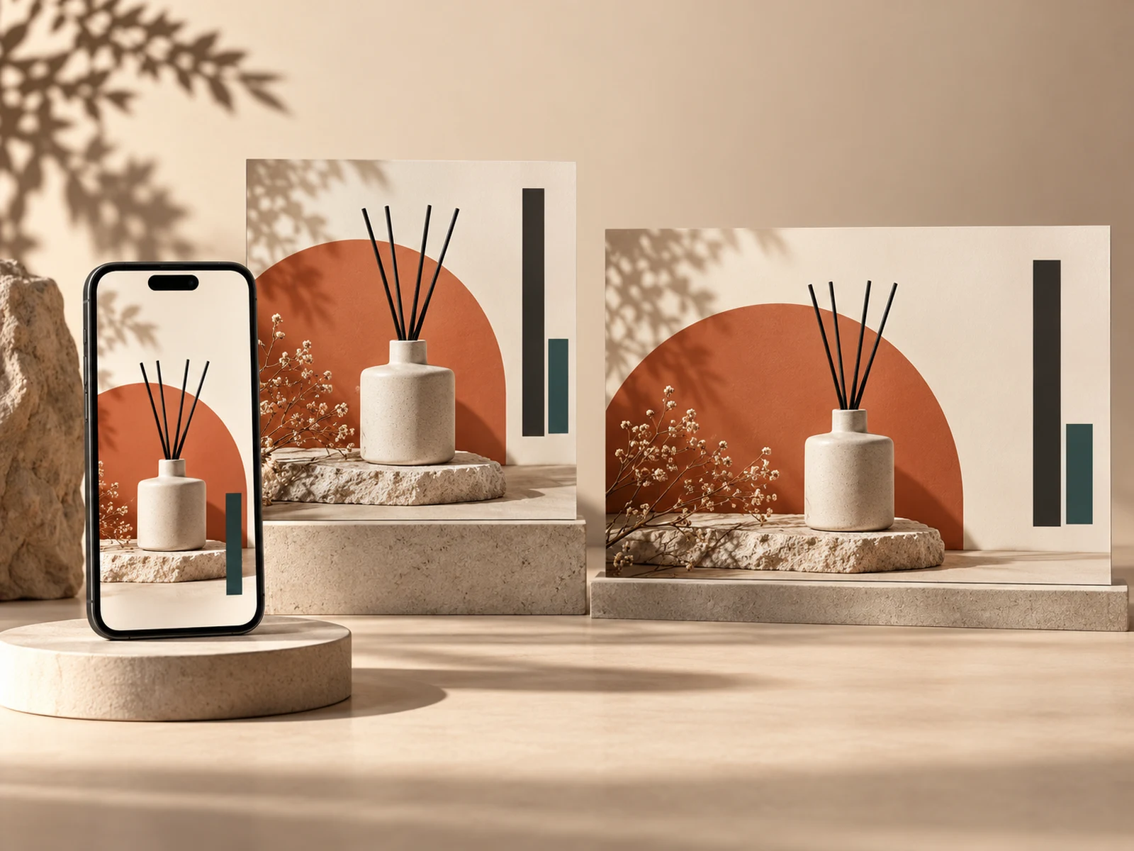 Spójna kampania reklamowa produktu w formacie mobilnym, pionowym i poziomym.