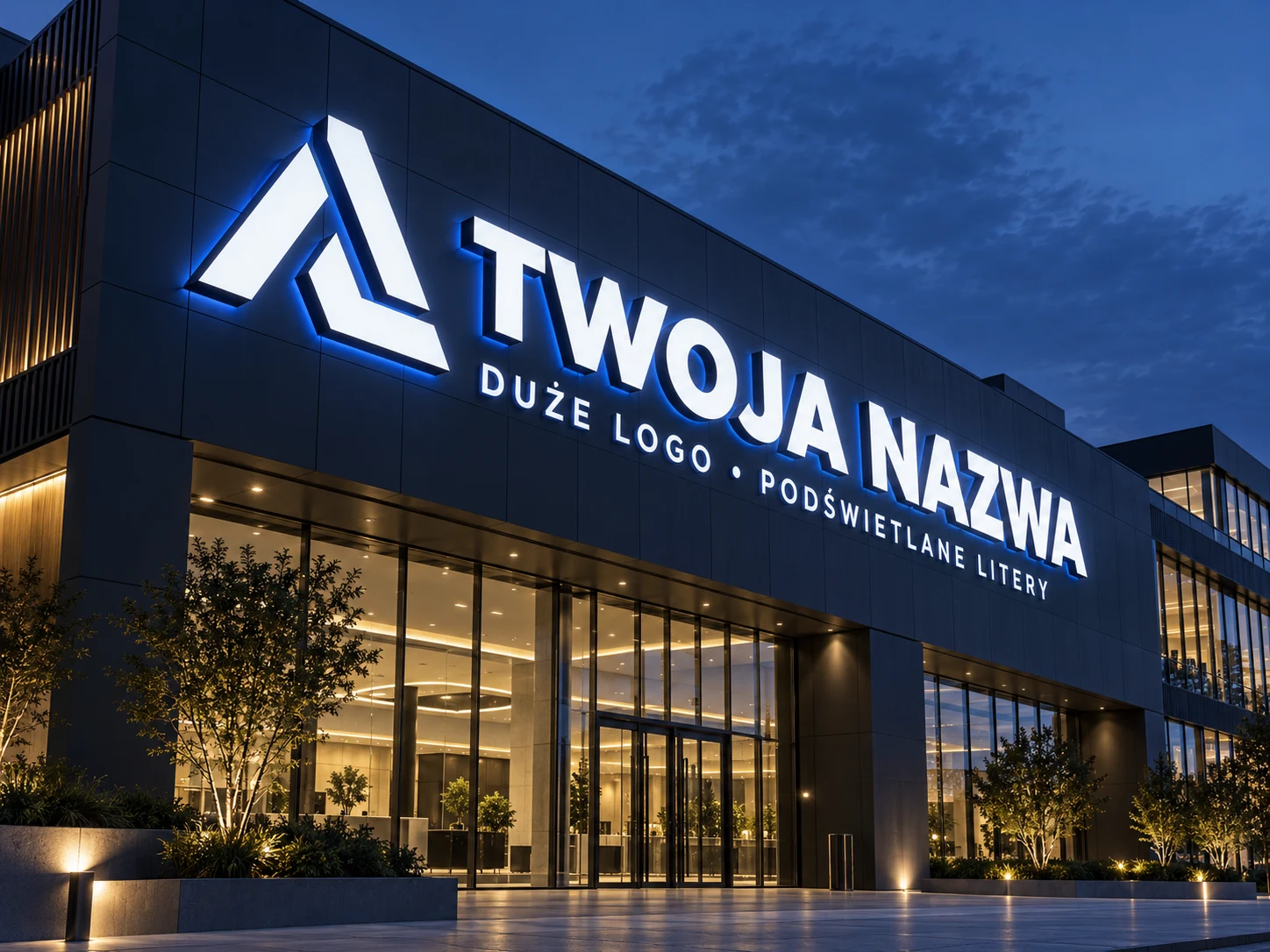 Duże podświetlane litery i logo na elewacji budynku.
