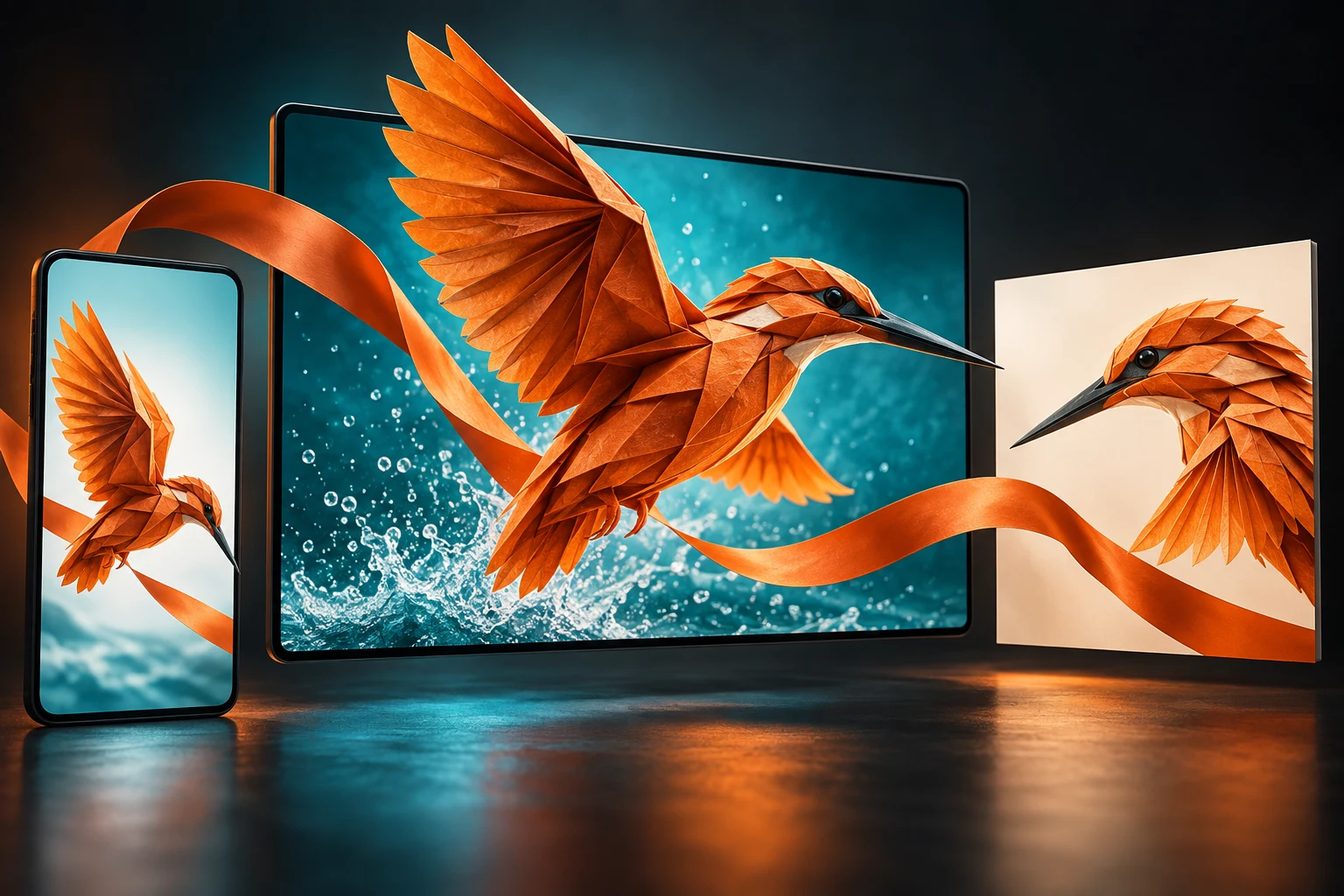 Pomarańczowy ptak origami łączy ekran, telefon i kreację reklamową w demonstracyjną kampanię.