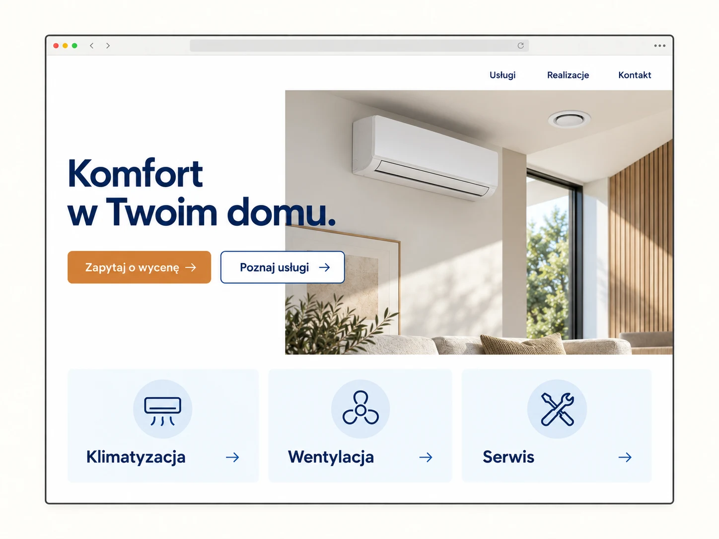 Czytelna koncepcja strony firmy instalacyjnej, z ofertą klimatyzacji, wentylacji i serwisu.
