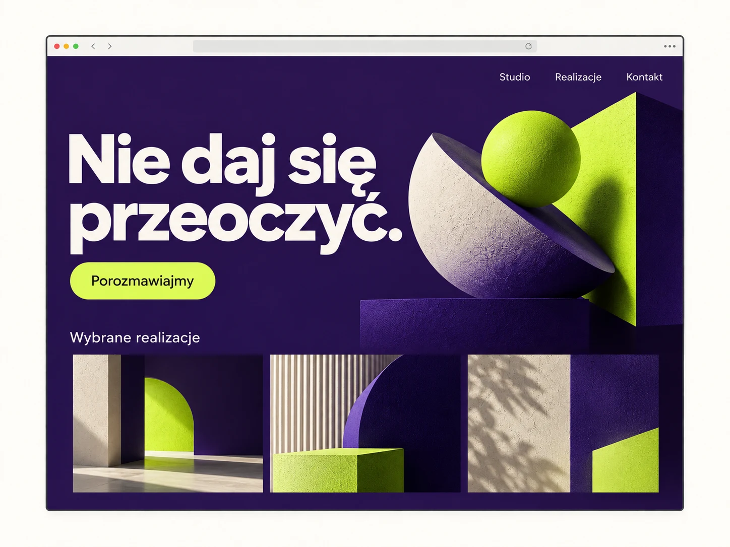 Odważna koncepcja strony studia kreatywnego, z fioletowym tłem i limonkowymi akcentami.