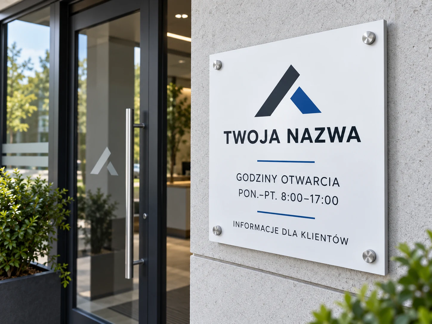 Przykładowa tablica informacyjna z logo i godzinami otwarcia przy wejściu do firmy.