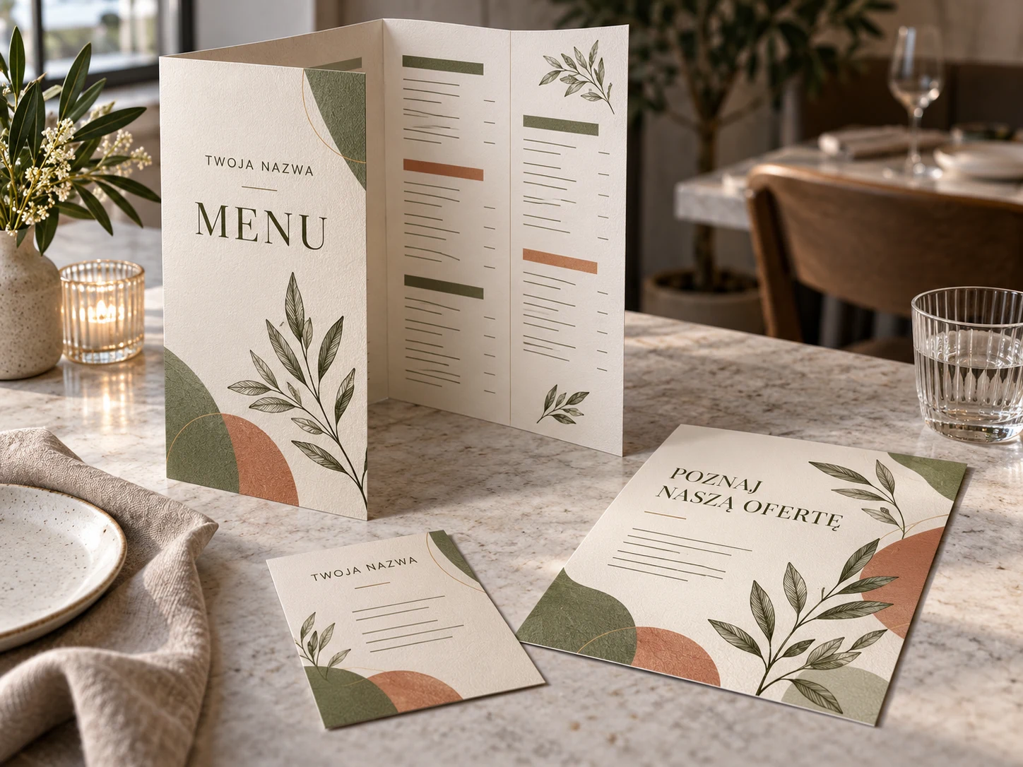 Składane menu oraz ulotki z naturalnym, roślinnym motywem.