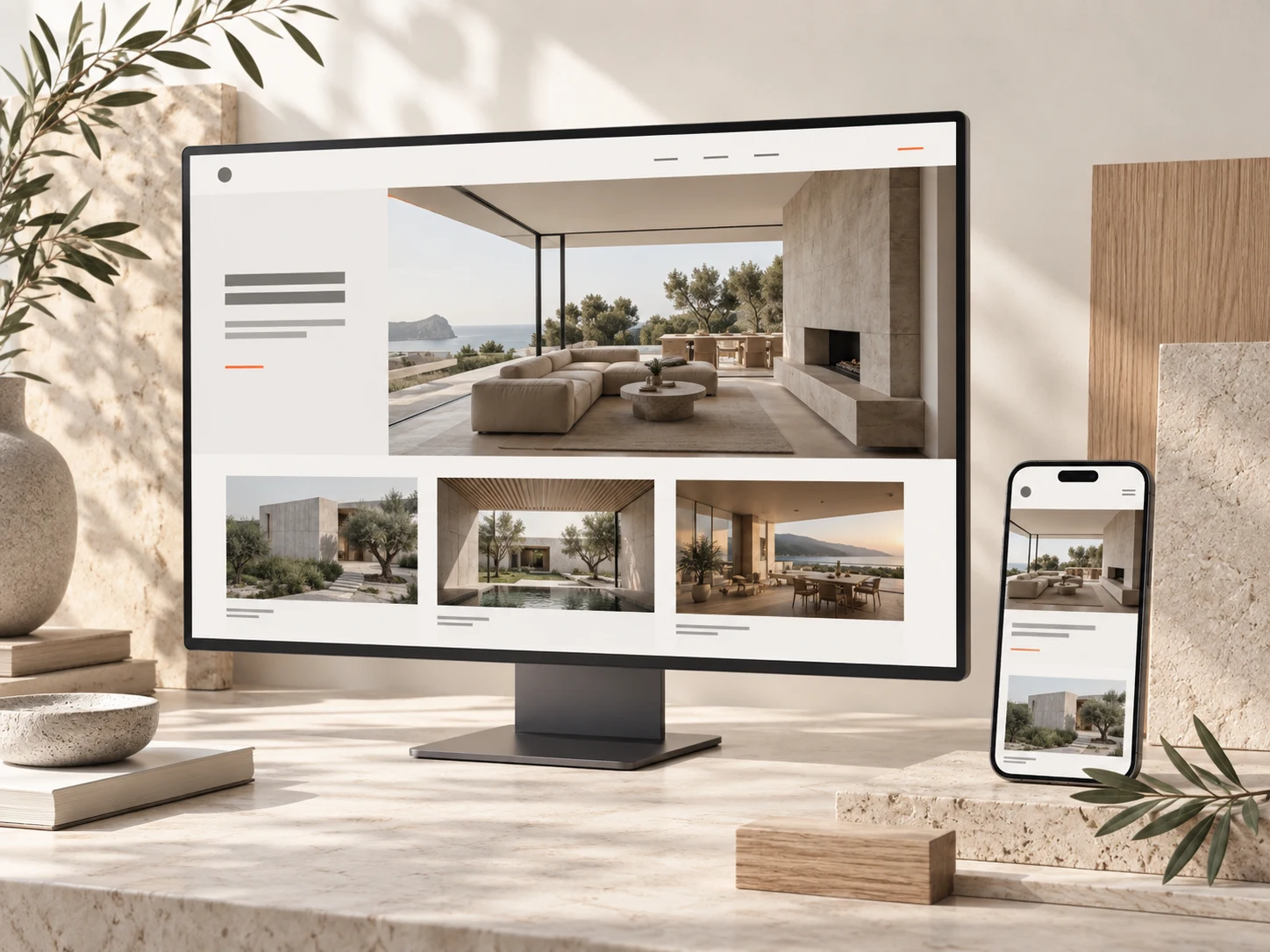 Wizualizacja strony pracowni architektonicznej z portfolio na monitorze i telefonie.